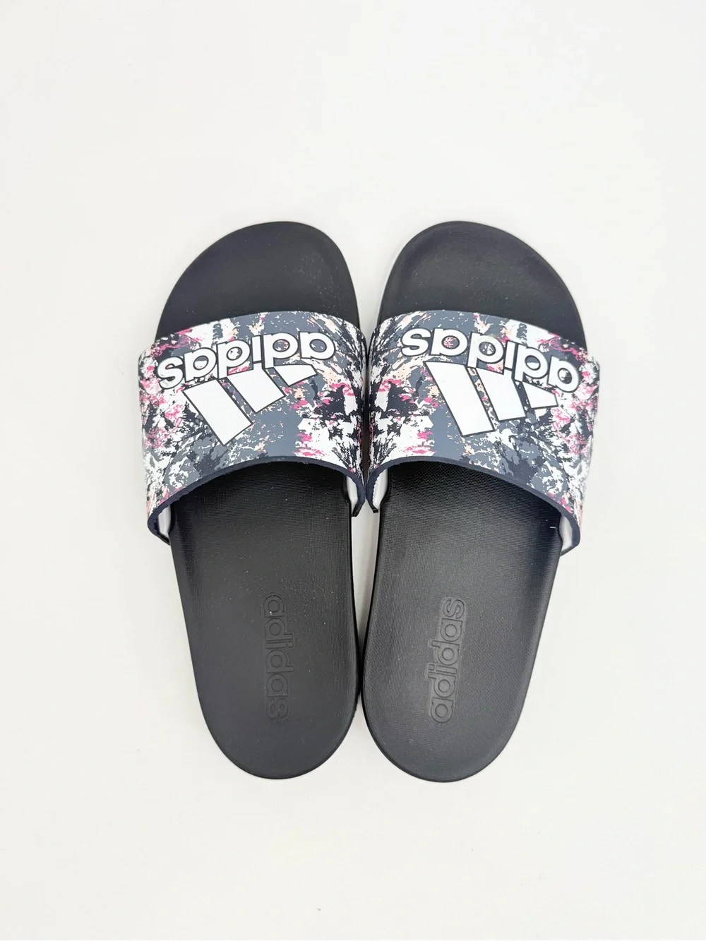 Adidas Adilette Black White Abstract Graphic Logo Top Comfort Slide Sandals